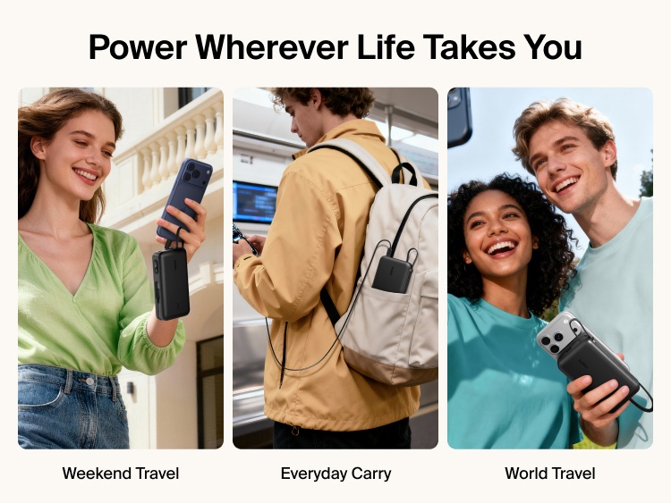 Belkin UltraCharge 20K 45W power bank with integrated cable used for travel and everyday carry, providing portable fast charging for smartphones on the go