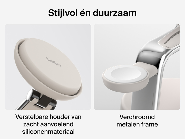 Het Belkin UltraCharge Pro 3-in-1 magnetische laadstation met Qi2 25W heeft een verstelbare houder met een zachte siliconen afwerking en een verchroomd metalen frame voor een hoogwaardig en robuust ontwerp.