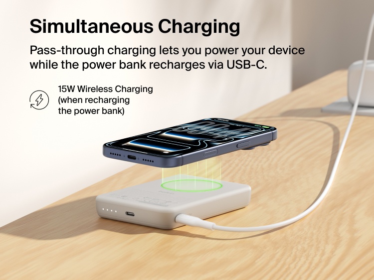 Slim Magnetic Power Bank 10K with Qi2 wirelessly charging smartphone while recharging via USB-C pass-through charging
