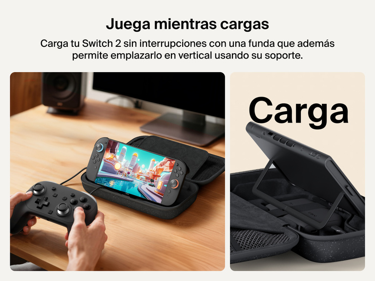 La funda con cargador de Belkin Gaming carga la Nintendo Switch 2 mientras está en uso. Incluye un soporte para emplazar en vertical la consola y facilitar su carga sin interrupciones (usando un mando externo) y su uso sin tener que sostenerla con las manos