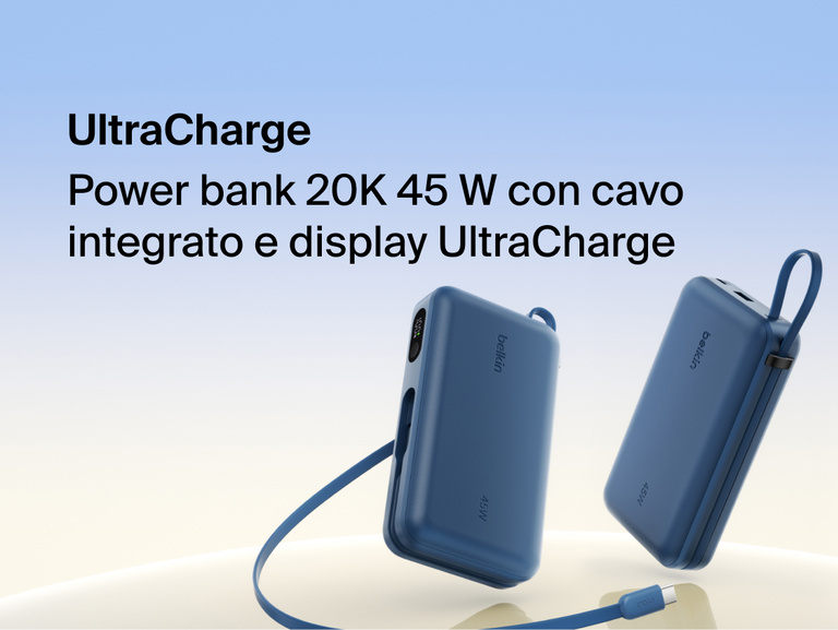 Belkin UltraCharge 20K 45W power bank with integrated USB-C cable and digital display showing portable high-capacity fast charging solution