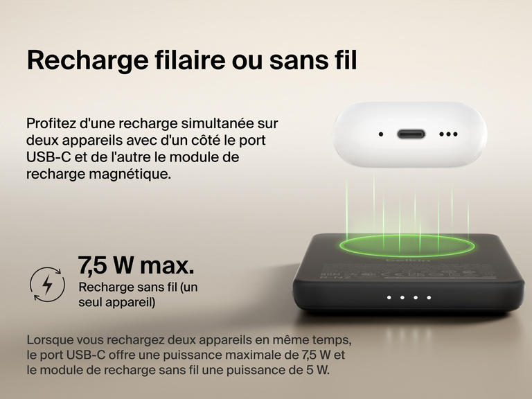 Belkin BoostCharge Slim Magnetic Power Bank 5K shown wirelessly charging earbuds, demonstrating 7.5W max magnetic wireless charging for single-device power.