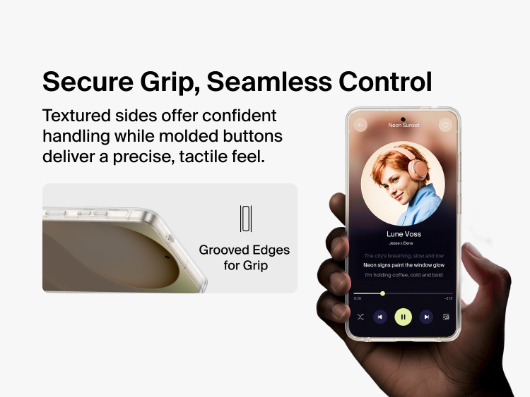 Belkin SheerForce Titan Protective Bundle for Samsung Galaxy S26 featuring textured grooved case edges and precision-molded buttons for secure grip and seamless control.