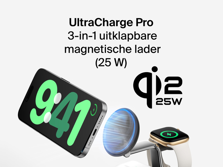 Het Belkin UltraCharge Pro 3-in-1 magnetische laadstation met Qi2 25W laadt een iPhone, Apple Watch en AirPods gelijktijdig draadloos op met ondersteuning voor snelladen.