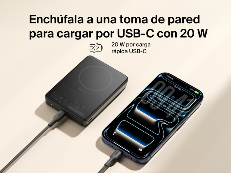 Belkin BoostCharge Slim Magnetic Power Bank 10K delivering 20W USB-C fast charging to a smartphone via cable alongside portable battery design