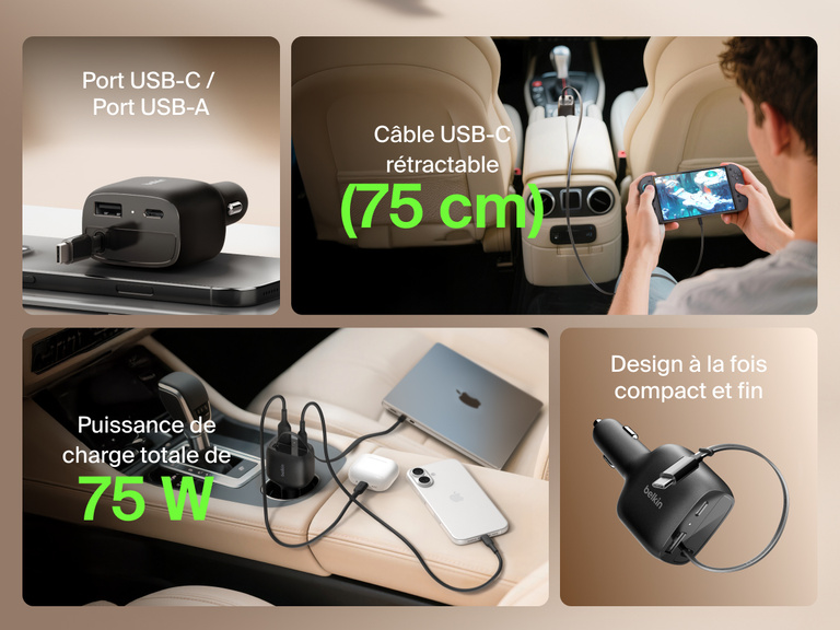 Image du chargeur de voiture Belkin BoostCharge avec câble rétractable (75 W) avec deux ports USB-C et USB-A, un câble USB-C rétractable (75 cm) et un design compact élégant pour recharger des appareils en déplacement.