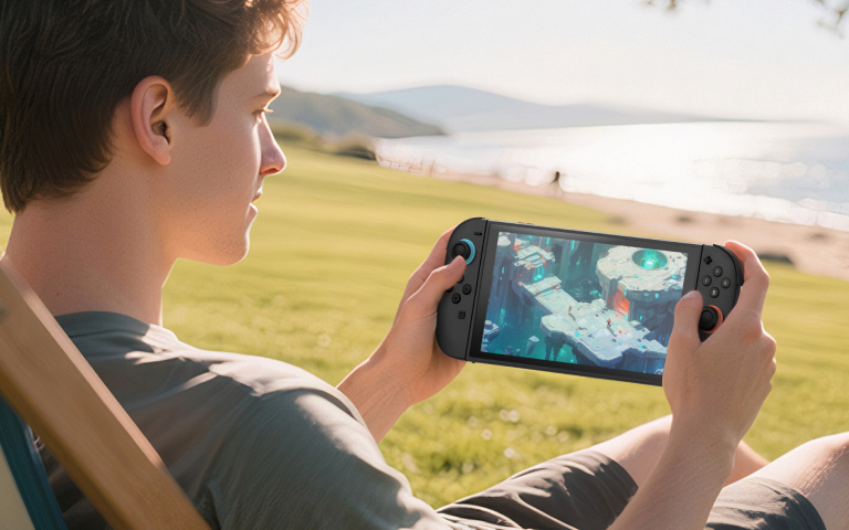 A young person relaxes on a striped deck chair outdoors, holding Nintendo Switch 2 with both hands. The screen displays a colorful, futuristic video game scene with an anti-reflective screen protector attached. The setting is a grassy area near a beach, with sunlight reflecting off the water and mountains visible in the background. The atmosphere is calm and summery, emphasizing portable gaming on the go. A young person relaxes on a striped deck chair outdoors, holding Nintendo Switch 2 with both hands. The screen displays a colorful, futuristic video game scene with an anti-reflective screen protector attached. The setting is a grassy area near a beach, with sunlight reflecting off the water and mountains visible in the background. The atmosphere is calm and summery, emphasizing portable gaming on the go.