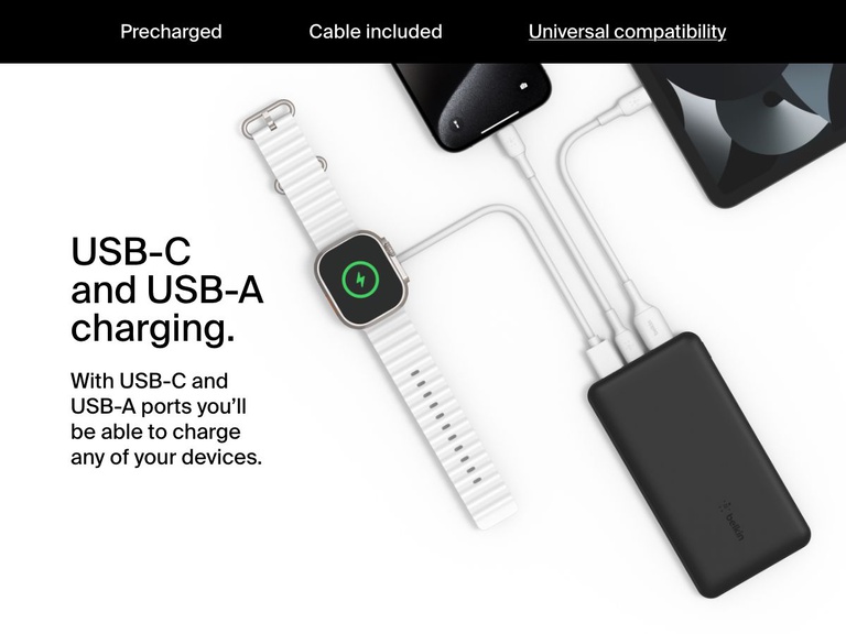 A black Belkin BoostCharge Power Bank 20K is shown charging a smartwatch, smartphone, and tablet simultaneously via its USB-C and USB-A ports, demonstrating universal device compatibility.