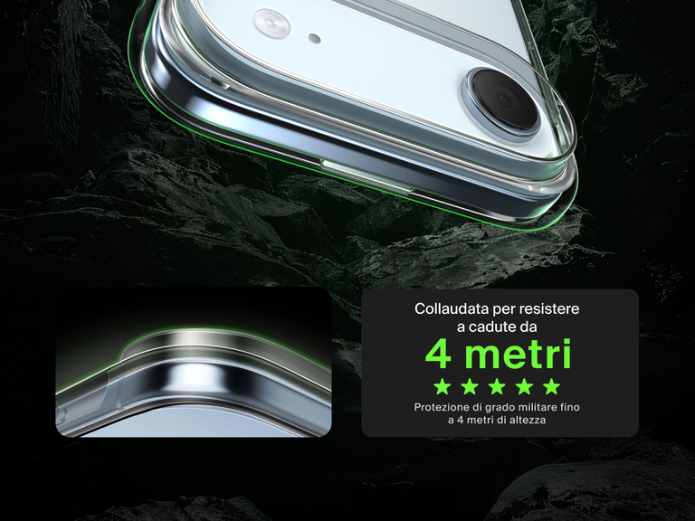 Belkin SheerForce Clear Series Case for iPhone 17 shown with 13-foot drop test and military-grade protection.