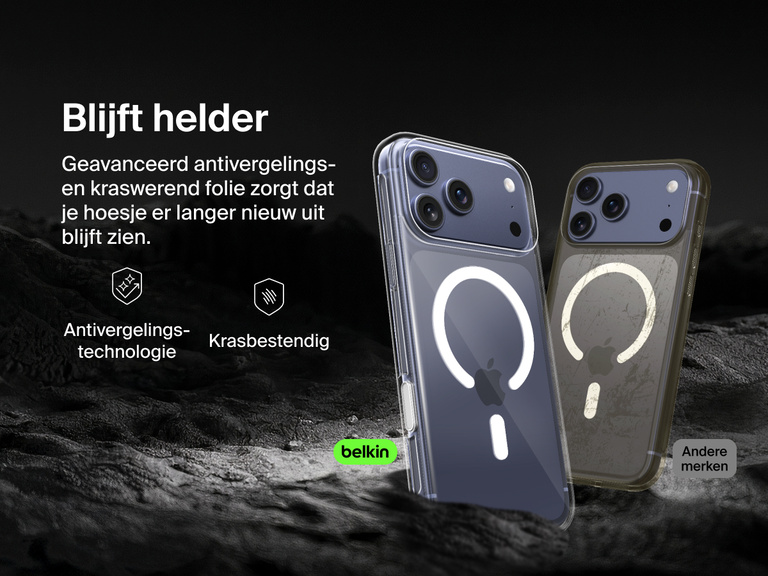 Belkin SheerForce Clear Series Case for iPhone 17 with anti-yellowing and scratch-resistant technology compared to discolored generic case.