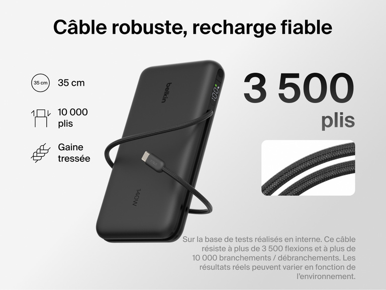 Belkin UltraCharge Pro Laptop Power Bank 25K with durable braided USB-C cable, designed for 3,500 bends and 10,000 plug-ins, delivering reliable high-power charging