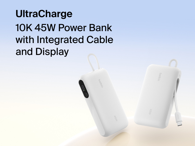 Belkin UltraCharge 10K 45W power bank with integrated cable and digital display showing battery level, designed for fast portable charging.