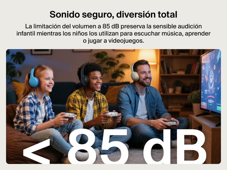Unos niños llevando puestos los auriculares para niños Inspire con micrófono y cable de Belkin Gaming para Nintendo Switch 2 mientras juegan juntos a videojuegos. Hay también un texto que destaca el limitador de volumen a 85 dB para preservar la audición sensible. 