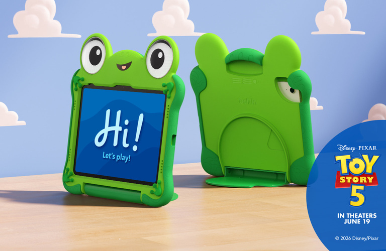 Belkin Disney Toy Story 5 Lilypad Case for iPad 10th and 11th Gen featuring a playful frog-inspired protective design with built-in stand and easy-grip handles for kids.