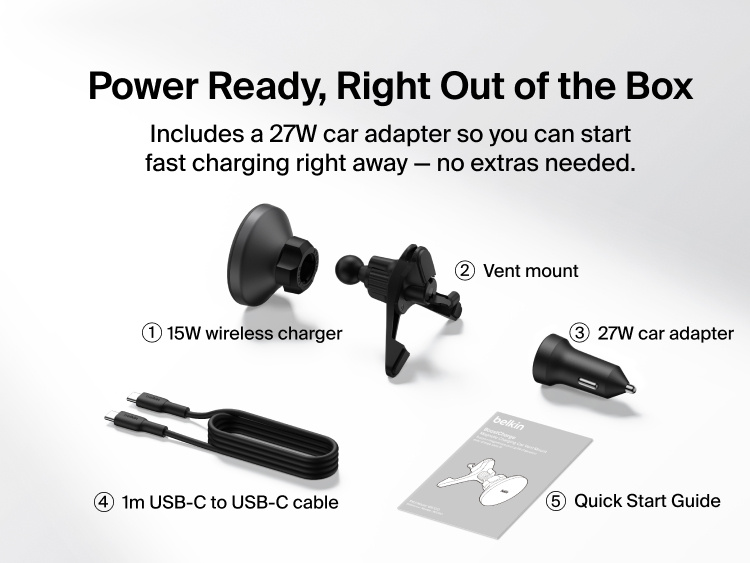 Belkin BoostCharge Magnetic Wireless Charging Car Vent Mount shown with all in-box items including 15W charger, vent mount, 27W car adapter, 1m USB-C cable, and quick start guide.