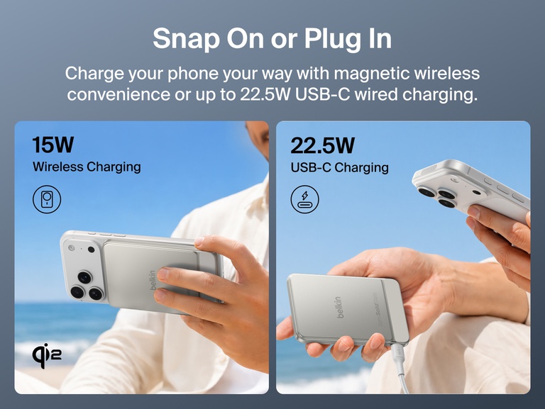 Belkin UltraCharge Pro Slim Magnetic Power Bank 5K with BoostSolid Cell demonstrating 15W Qi2 magnetic wireless charging and up to 22.5W USB-C wired charging.