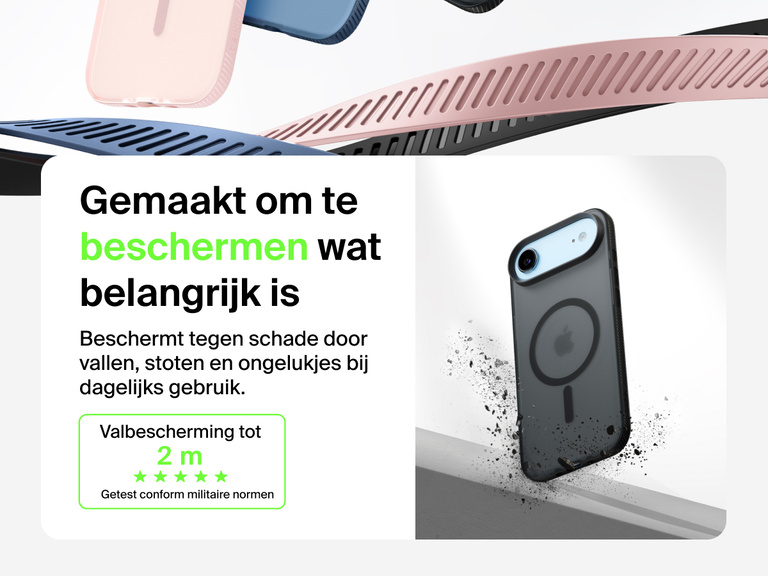 Belkin SheerForce Grip Series Case for iPhone 17 shown with textured grip and impact protection against drops.