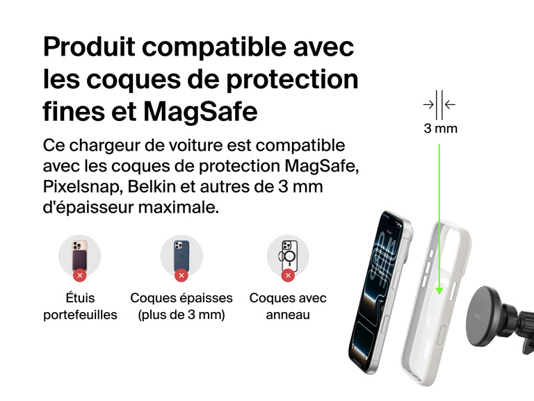 Belkin BoostCharge Magnetic Wireless Charging Car Vent and Dash Mount shown with MagSafe and thin-case compatibility up to 3mm, highlighting supported and unsupported case types.