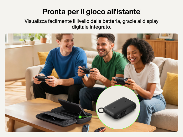 Un gruppo di amici che giocano con il Nintendo Switch 2, mentre la custodia di ricarica Belkin Gaming alimenta una console. Il primo piano del display mostra il 90% di livello della batteria.