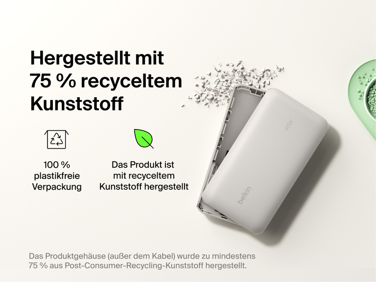 Belkin UltraCharge 20K 45W power bank with integrated cable made with recycled materials and plastic-free packaging for a more sustainable charging solution