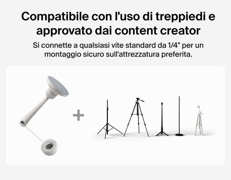 Image showing Belkin Stage Creator Kit mount compatible with standard 1/4-inch screw threads for quick, secure attachment to tripods, stands, and other creator gear.