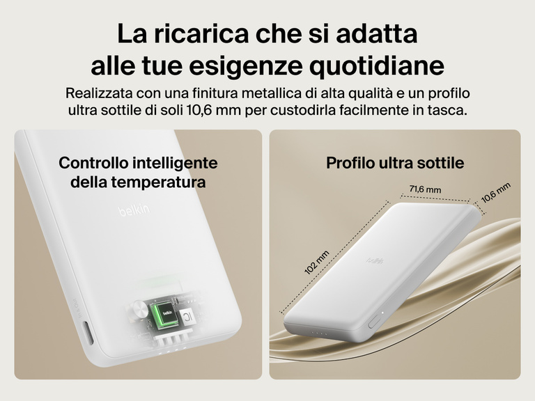 Belkin BoostCharge Slim Magnetic Power Bank 5K shown with smart thermal control and ultra-slim 0.5-inch profile designed for portable, pocket-friendly charging.