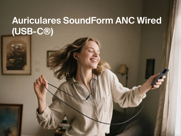 Belkin SoundForm ANC Wired Earbuds with USB-C® shown in use, delivering high-quality sound with active noise cancellation.