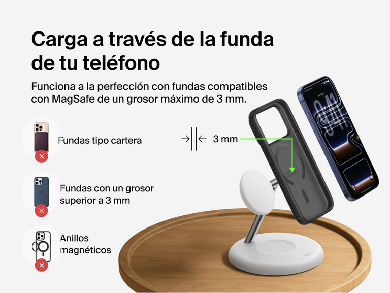 Belkin UltraCharge 3-in-1 Wireless Charging Stand with Qi2 25W demonstrating magnetic charging through MagSafe-compatible phone case up to 3mm thickness with compatibility guidelines shown