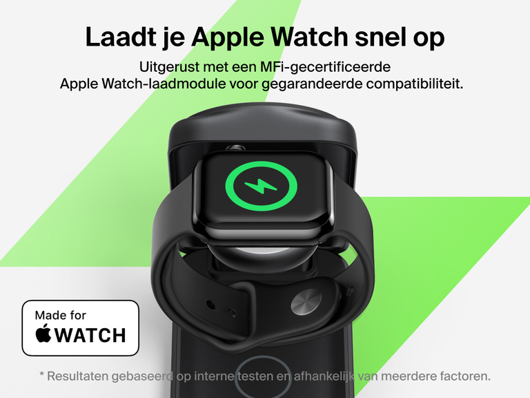 De Belkin UltraCharge 3-in-1 uitklapbare magnetische lader met Qi2 25W laadt de Apple Watch Series 10 tot 80% op in 30 minuten met behulp van een MFi-gecertificeerde laadmodule.