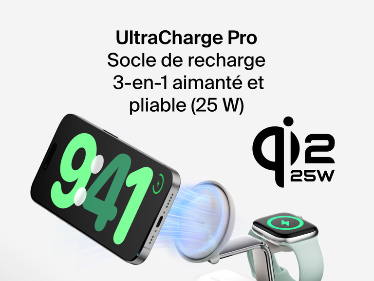 Station de recharge aimantée 3-en-1 Belkin UltraCharge Pro avec Qi2 (25 W) offrant une recharge sans fil pour iPhone, Apple Watch et AirPods en simultané avec prise en charge de la recharge rapide.