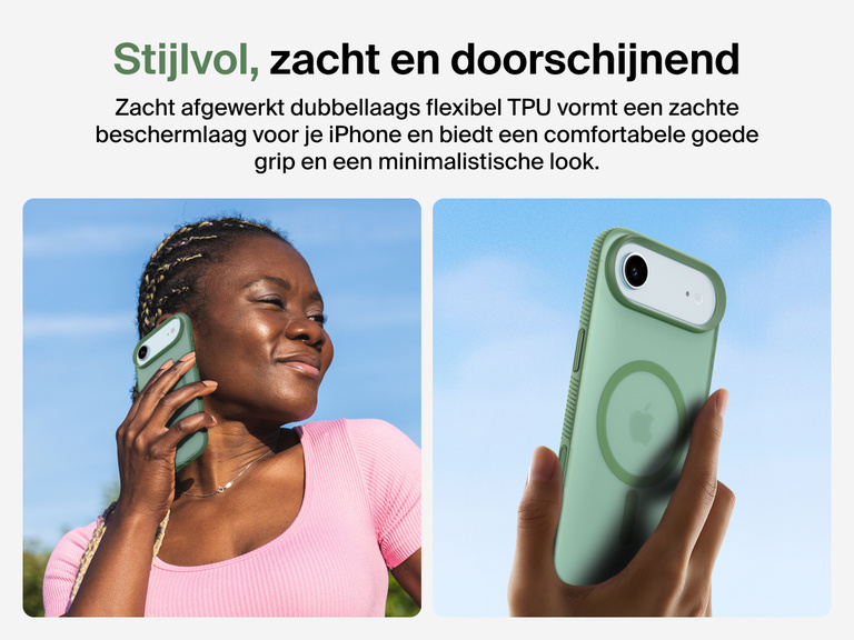 Belkin SheerForce Grip Series Case for iPhone 17 with slim translucent design and soft-touch finish for a comfortable grip.