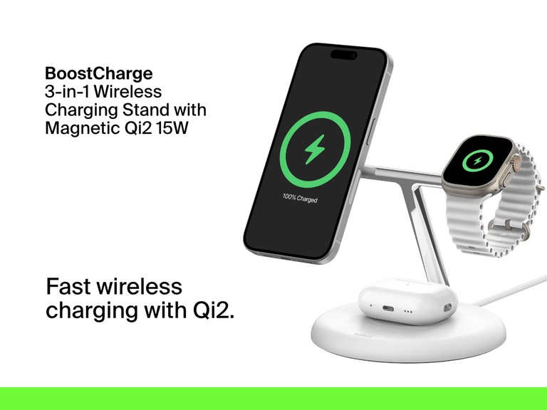 Image of a white Belkin BoostCharge Pro 3-in-1 Magnetic Wireless Charging Stand with Qi2 15W, shown charging an iPhone, Apple Watch, and AirPods simultaneously with fast wireless charging.