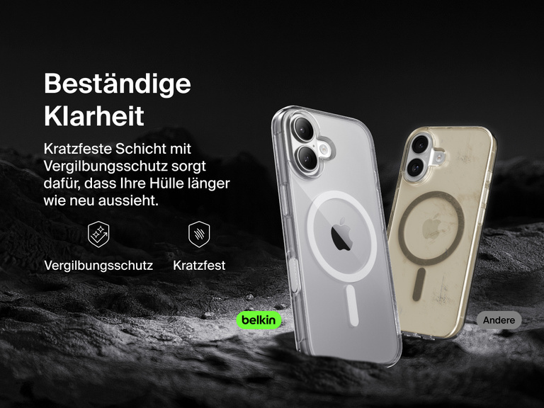 Belkin SheerForce Clear Series Case for iPhone 17 with anti-yellowing and scratch-resistant technology compared to discolored generic case.