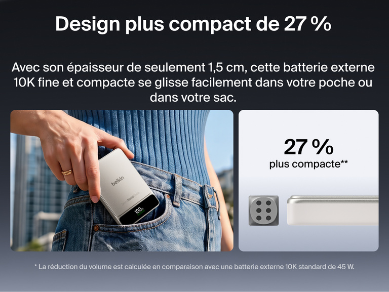 Image de la batterie externe Belkin&nbsp;UltraCharge&nbsp;Pro&nbsp;10K avec BoostSolid&nbsp;Cell gliss&eacute;e dans la poche d'un jean, pour mettre en avant son design 27&nbsp;% plus fin et compact.