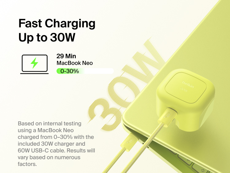 Belkin BoostCharge Compact USB-C Charger 30W fast charges a MacBook Neo from 0 to 30 percent in 29 minutes with the included braided USB-C cable.