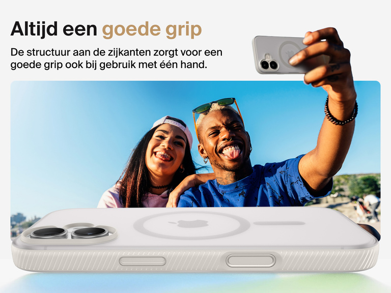 Belkin SheerForce Grip Series Case for iPhone 17 with military-grade drop protection and textured non-slip grip.