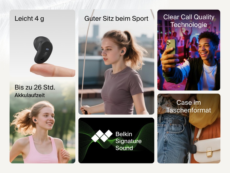 Belkin SoundForm Anywhere Wireless Earbuds shown with lightweight 4g design, up to 26h battery life, clear call quality, pocket-perfect case, and Belkin Signature Sound.