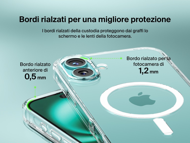 A close-up view of the SheerForce™ Magnetic iPhone Case, highlighting its raised edges for enhanced protection. The image showcases a 1.2mm camera raised edge and a 0.5mm front raised edge, designed to safeguard the screen and camera lenses from scratches and impacts. The transparent case maintains a sleek look while providing reliable protection.