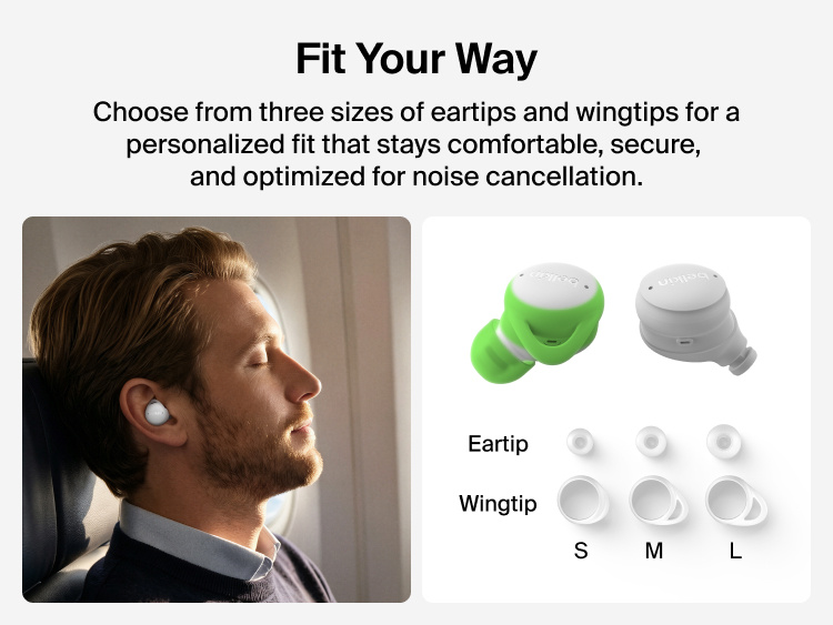 SoundForm Isolate Buds ANC worn during air travel, shown next to the interchangeable eartips and wingtips available in three sizes