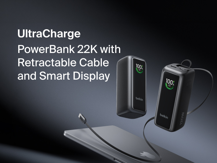 UltraCharge Power Bank 22K with Retractable Cable shown from two angles with battery displays reading 100 percent and its built-in retractable USB-C cable extended