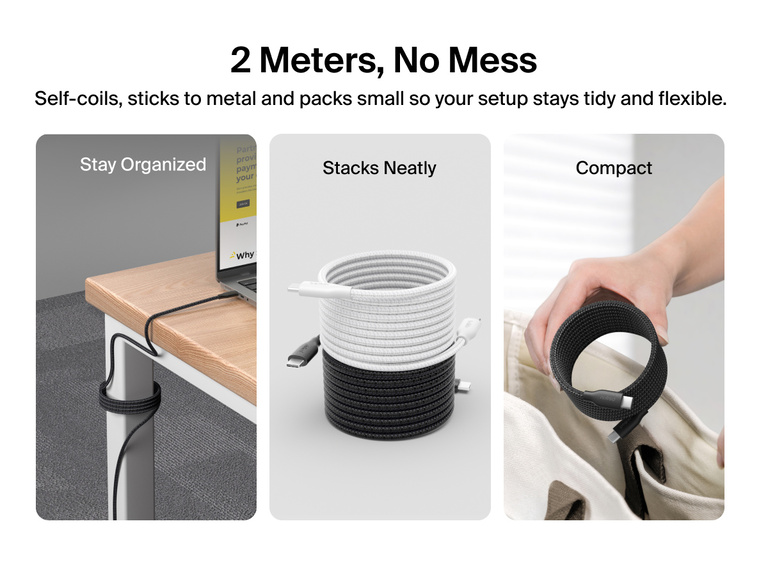 Lifestyle image showing Belkin BoostCharge Pro Magnetic USB-C Cable 240W self-coiling to stay organized, stacking neatly, and packing compactly for tidy, flexible setups at home or on the go.