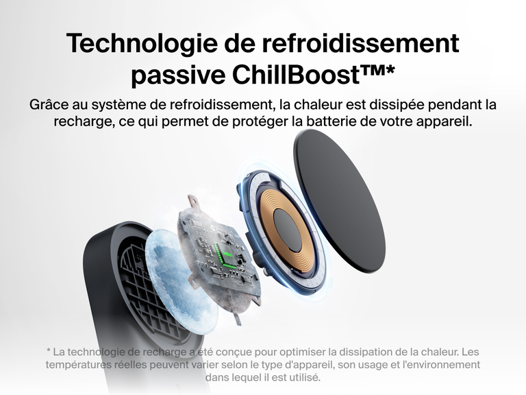 Socle de recharge 2-en-1 aimanté et pliable Belkin UltraCharge avec Qi2 25 W et technologie de refroidissement passive ChillBoost™ pour une meilleure dissipation de la chaleur et une protection de la batterie lors de la recharge.