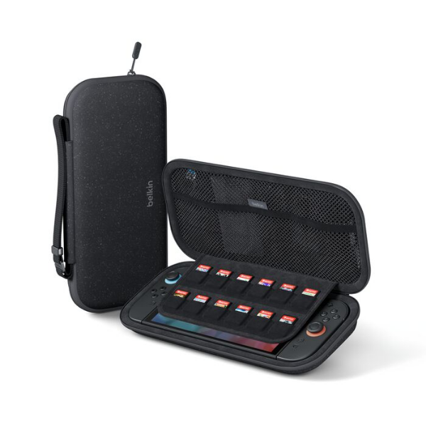 Open black Belkin carrying case for Nintendo Switch with console inside, featuring game cartridge storage slots, mesh pocket, and wrist strap.