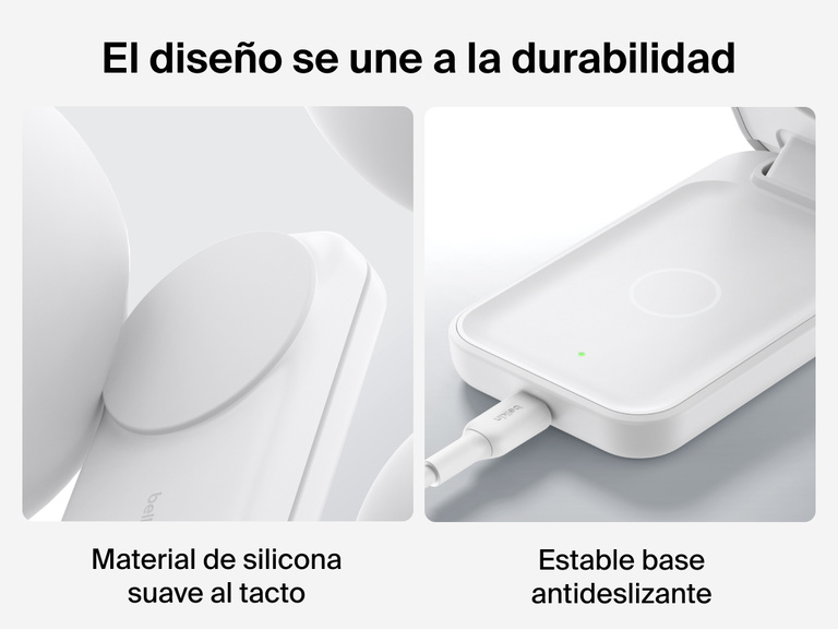 El cargador magnético plegable 3 en 1 con Qi2 25W Belkin UltraCharge incluye material de silicona suave y una base lastrada antideslizante para proporcionar una carga inalámbrica más durable y segura.