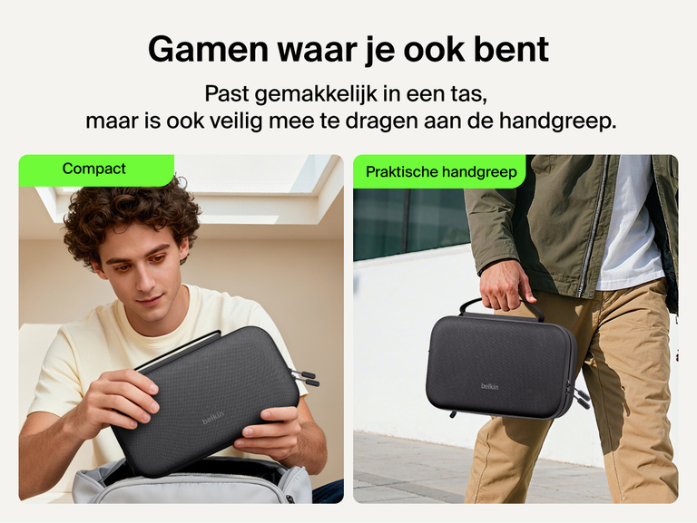 Belkin Gaming Charging Case Pro for Nintendo Switch 2 shown in a compact portable design with convenient carry handle for gaming on the go.