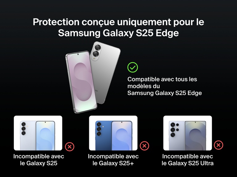 Guide de compatibilité de la protection d'écran antimicrobienne ScreenForce InvisiGlass, montrant qu’elle est compatible avec le Galaxy S25 Edge mais incompatible avec le Galaxy S25, S25+ ou S25 Ultra. Une image de chaque modèle de smartphone est affichée avec une coche ou une croix correspondante.