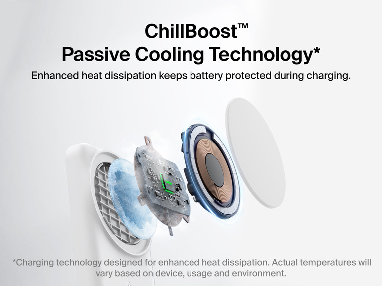 Belkin UltraCharge 3-in-1 Foldable Magnetic Charger with Qi2 25W features ChillBoost™ passive cooling technology for enhanced heat dissipation and battery protection.
