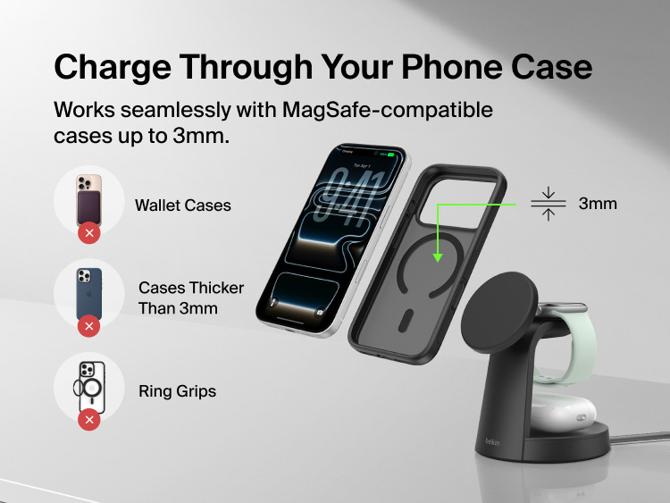 Belkin UltraCharge 3-in-1 Charging Stand with Qi2 25W supports charging through MagSafe-compatible phone cases up to 3mm thick.