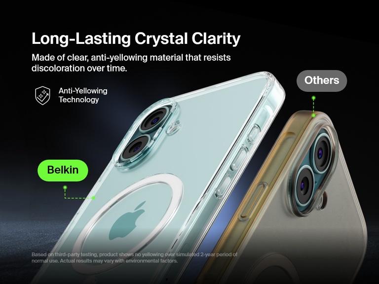 A comparison image showcasing the anti-yellowing technology of the Belkin SheerForce™ Magnetic iPhone Case. The Belkin case remains crystal clear over time, while a competing case appears yellowed. The text highlights the long-lasting clarity and resistance to discoloration, ensuring the case maintains its sleek, transparent design even after extended use.