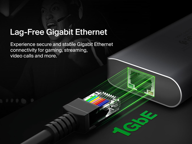 Image showing the Belkin Connect USB-C 6-in-1 Multiport Hub with a highlighted Gigabit Ethernet port, emphasizing secure and stable 1GbE connectivity for gaming, streaming, and video calls.
